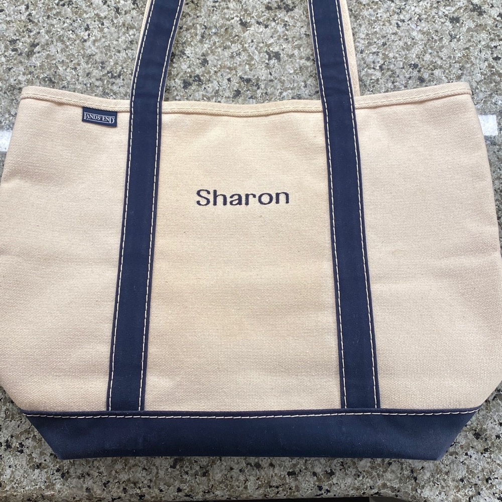 Lands' End Tote Bag• Cream and Navy • Vintage • Monogram